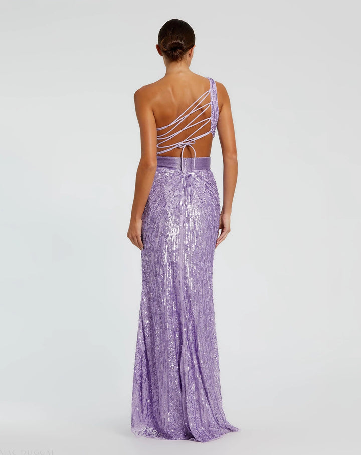 Mac Duggal 5687 Sequined One Shoulder Draped Lace Up Gown