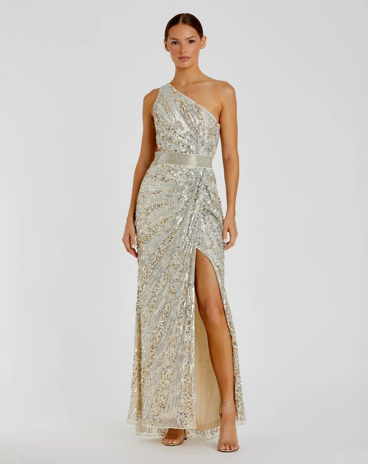 Mac Duggal 5687 Sequined One Shoulder Draped Lace Up Gown