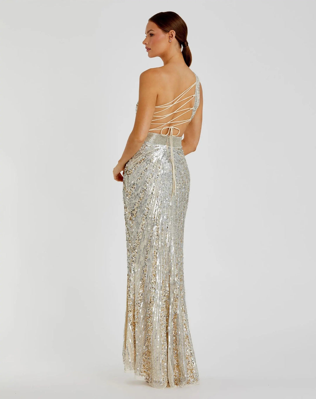 Mac Duggal 5687 Sequined One Shoulder Draped Lace Up Gown
