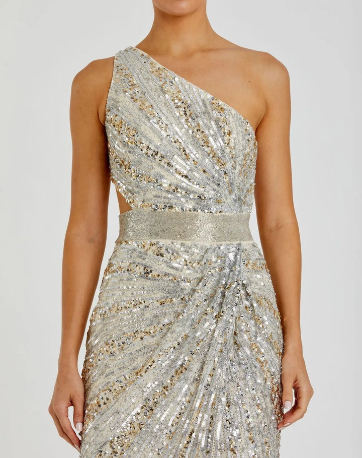 Mac Duggal 5687 Sequined One Shoulder Draped Lace Up Gown