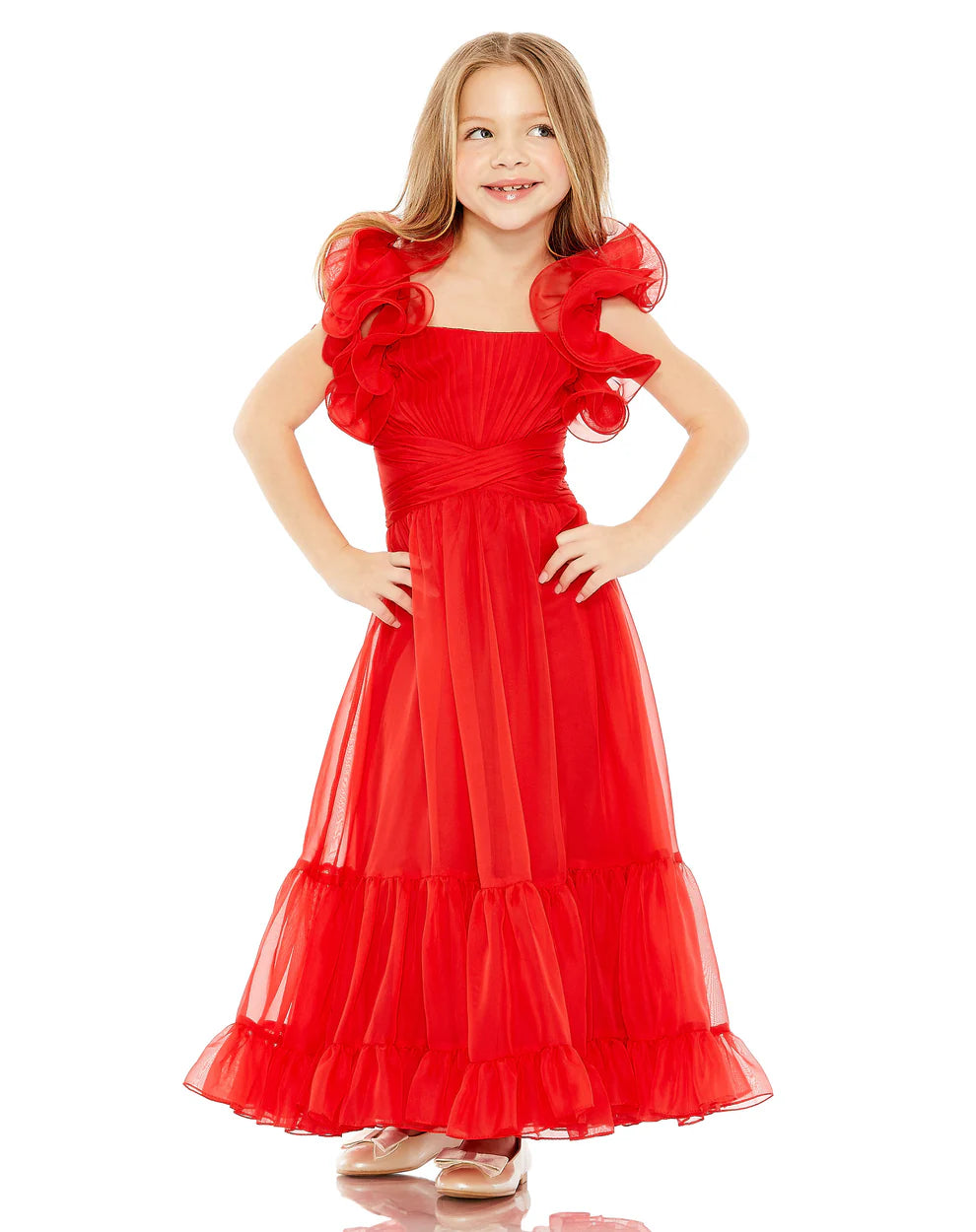Mac Duggal 68669 Girls Pink Floral Chiffon Ruffle Shoulder Dress