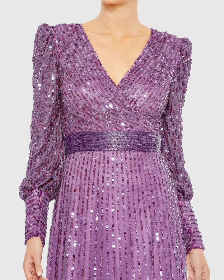 Mac Duggal 5720 Purple Sequined Wrap Over Bishop Sleeve Gown