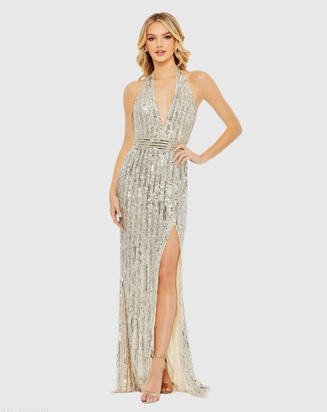 Mac Duggal 5759 Sequined Halter Strap Trumpet Gown
