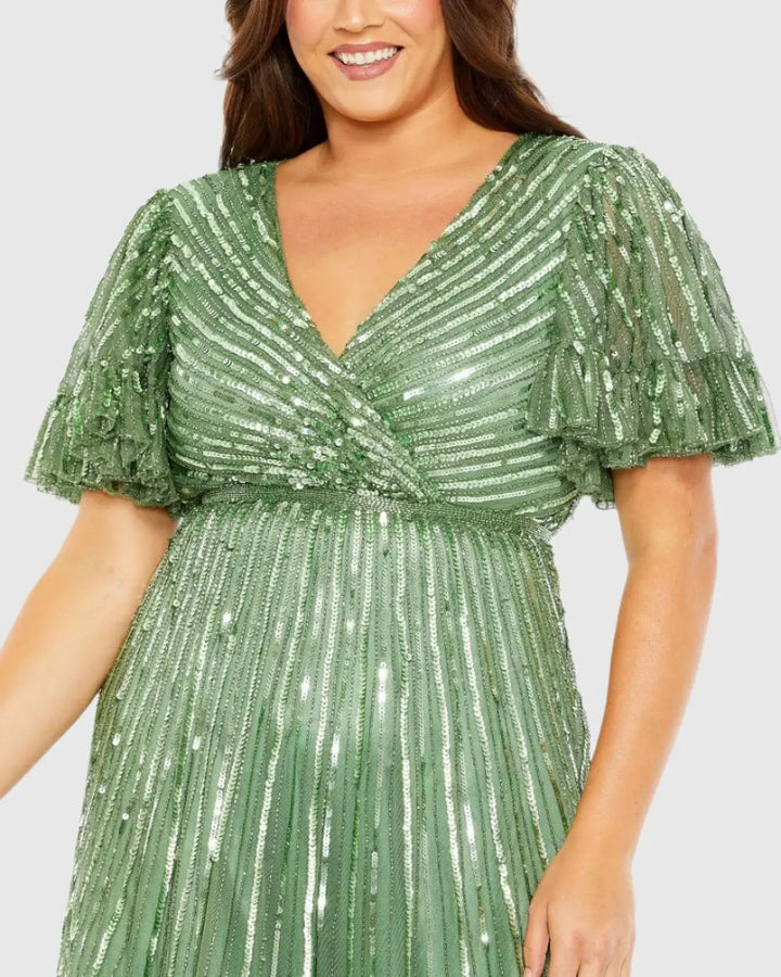 Mac Duggal 5785 Sequin Faux Wrap Flutter Sleeve Ruffle Dress (Plus)