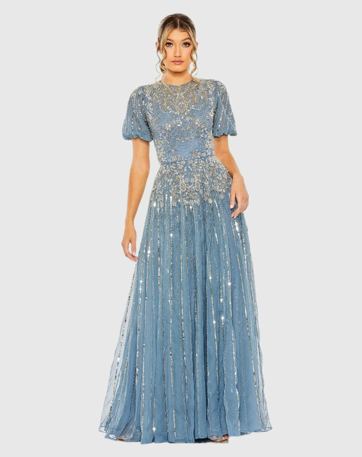 Mac Duggal 5991 High Neck Puff Sleeve Embellished A Line Gown