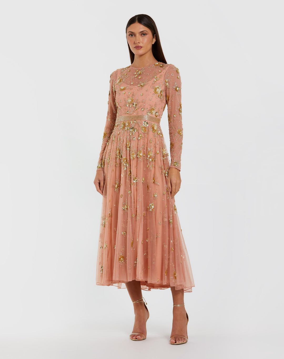 Beige Beaded Long Sleeve A Line Midi Dress - FOSTANI.com