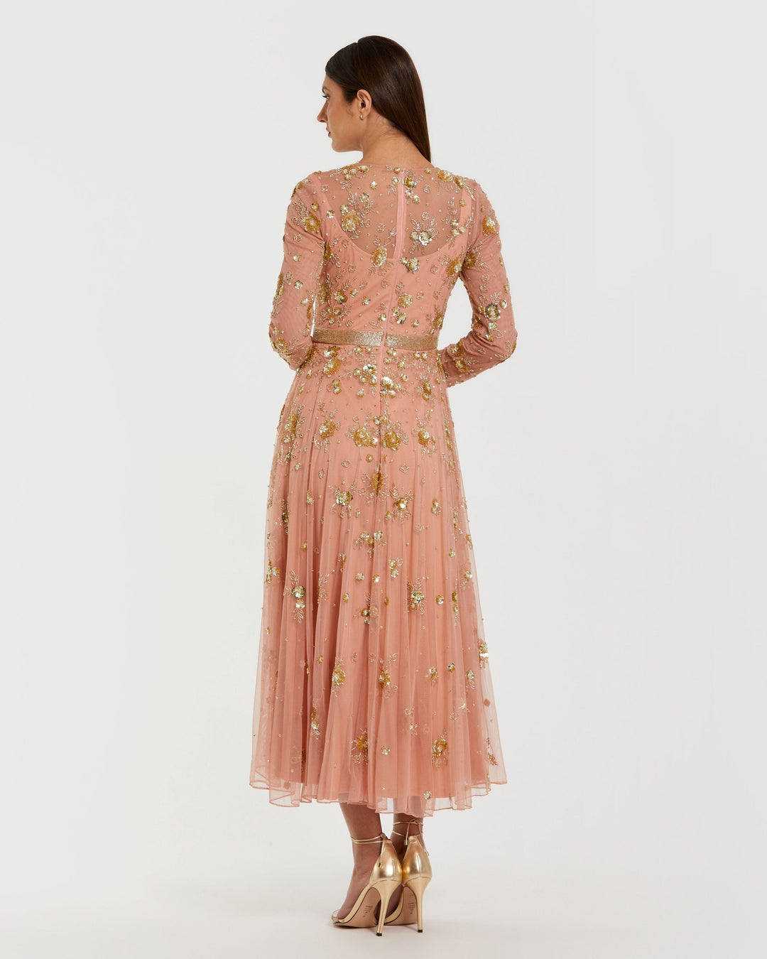 Beige Beaded Long Sleeve A Line Midi Dress - FOSTANI.com