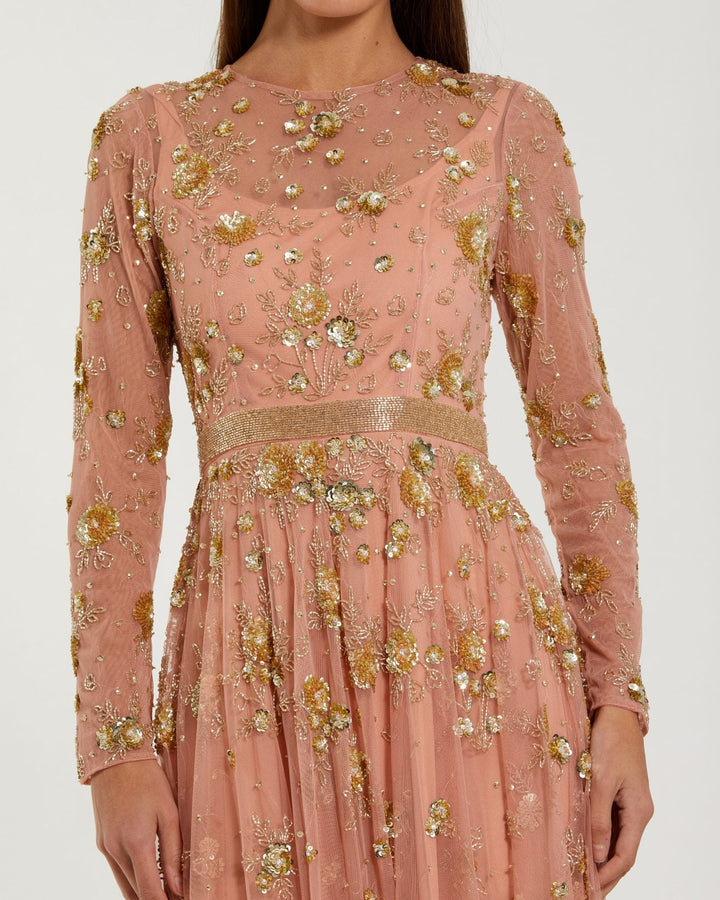 Beige Beaded Long Sleeve A Line Midi Dress - FOSTANI.com