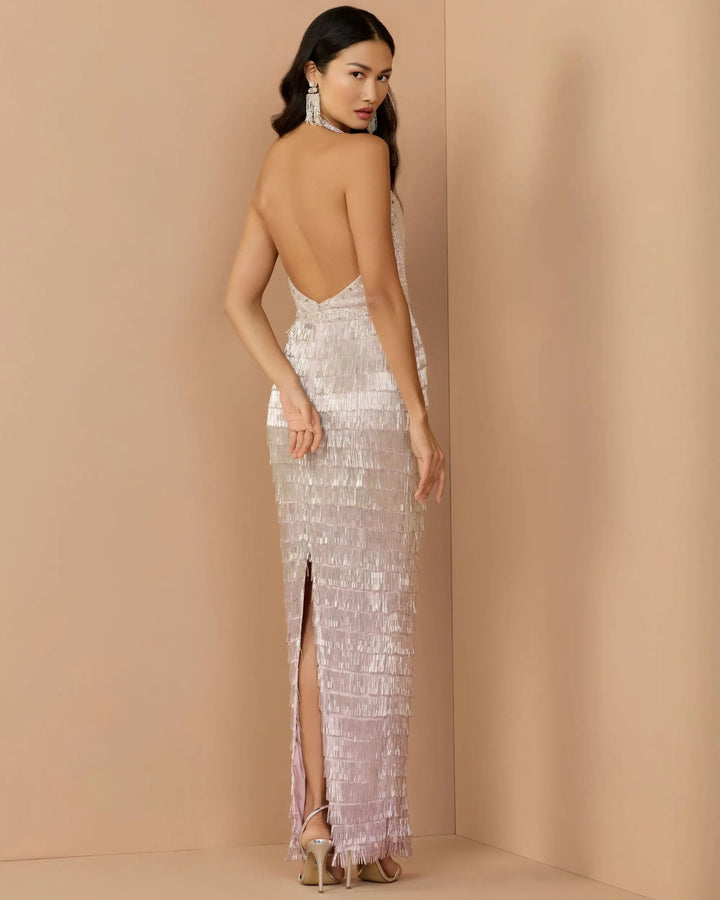 Mac Duggal 6228 Purple and Silver Halter Neck Embellished Fringe Gown - FOSTANI.com