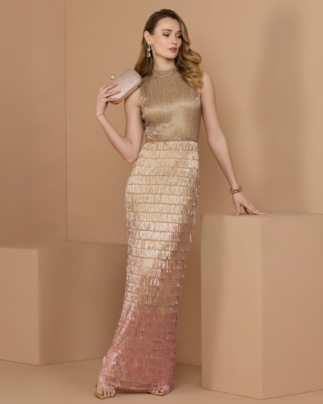 Mac Duggal 6254 Mock Neck Sleeveless Beaded Fringe Gown