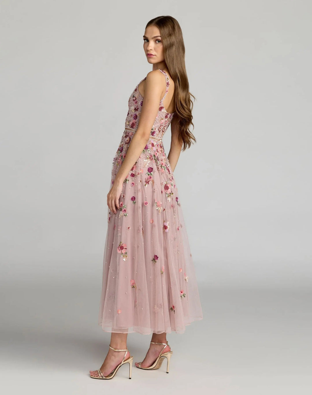 Rose Pink Floral Hand Embellished Scoop Neck Midi Dress - FOSTANI.com