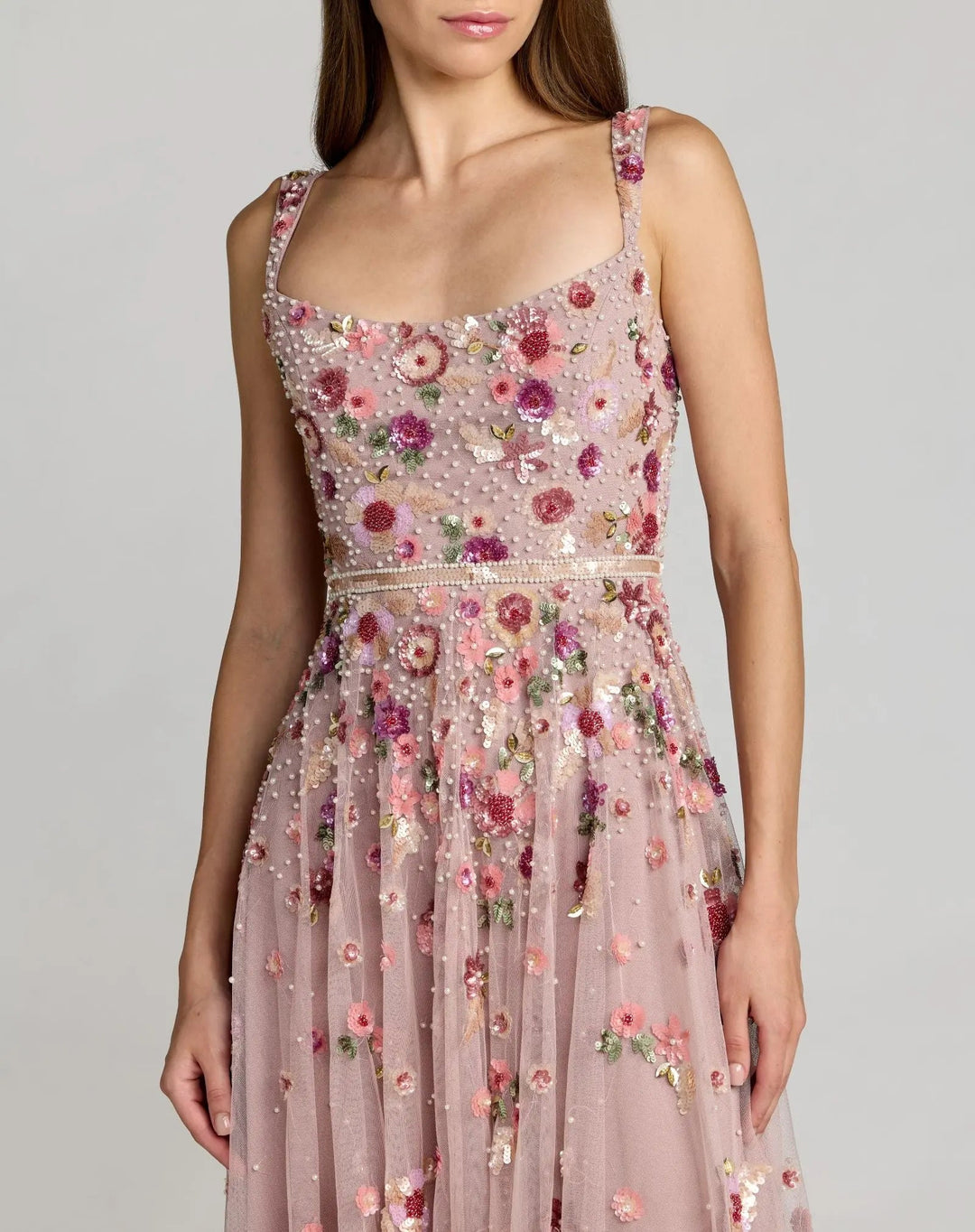 Rose Pink Floral Hand Embellished Scoop Neck Midi Dress - FOSTANI.com