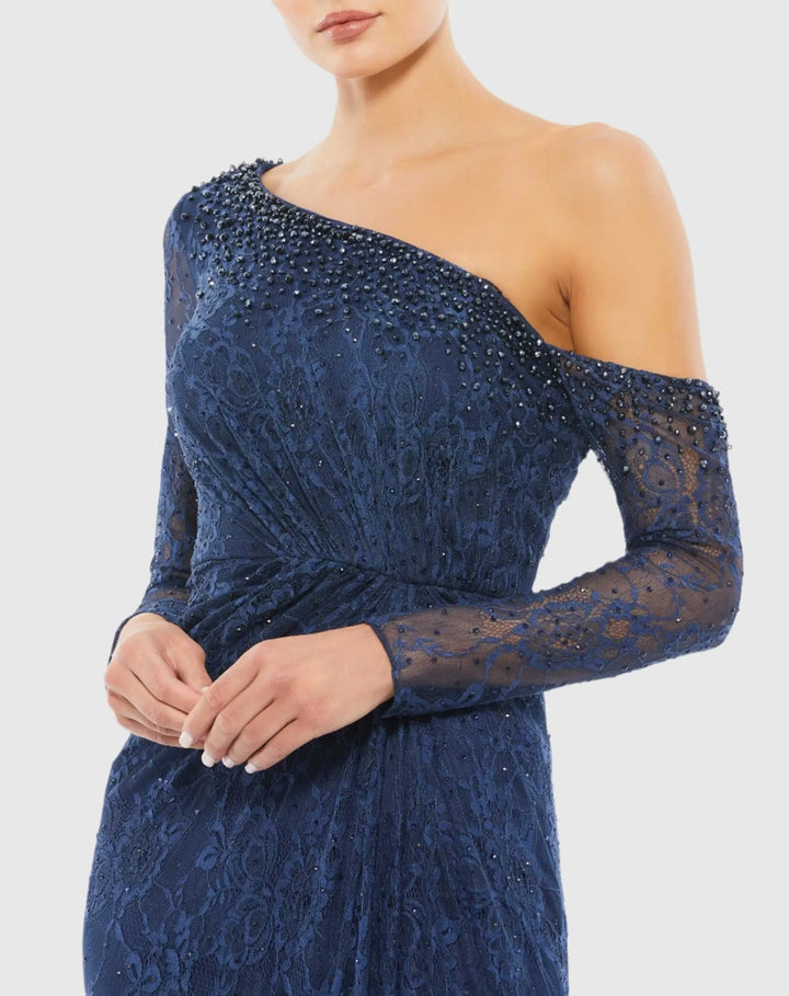 Mac Duggal 67852 Draped Jewel Encrusted Lace Drop Shoulder Gown