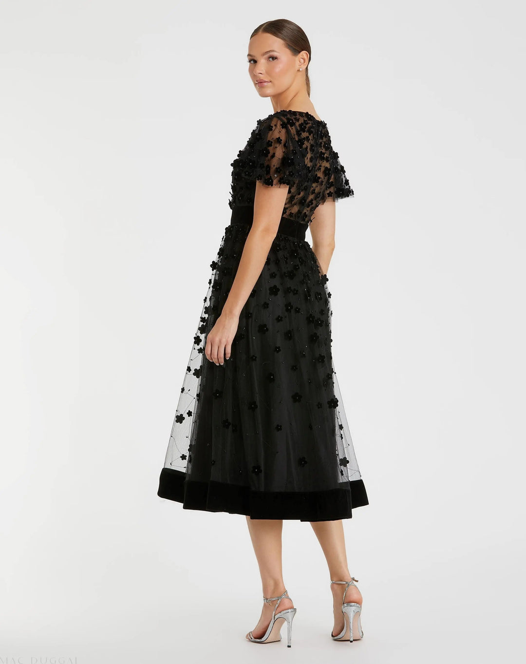 Mac Duggal 67854 Embellished Butterfly Sleeve Velvet Hem Midi Dress
