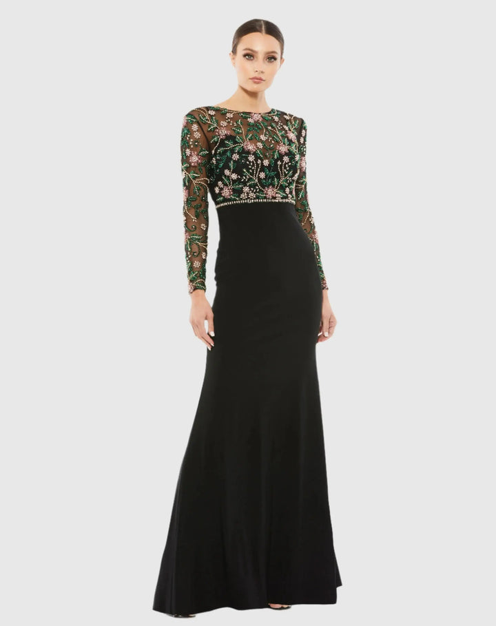 Mac Duggal 67870 Black Beaded Illusion High Neck Trumpet Gown
