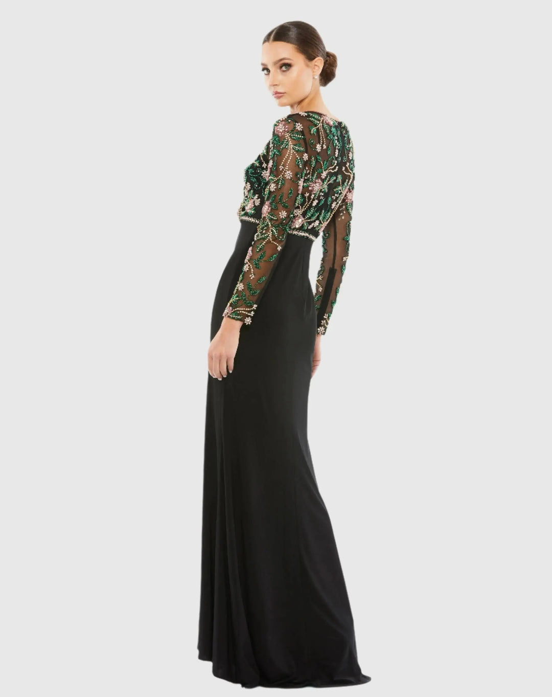 Mac Duggal 67870 Black Beaded Illusion High Neck Trumpet Gown