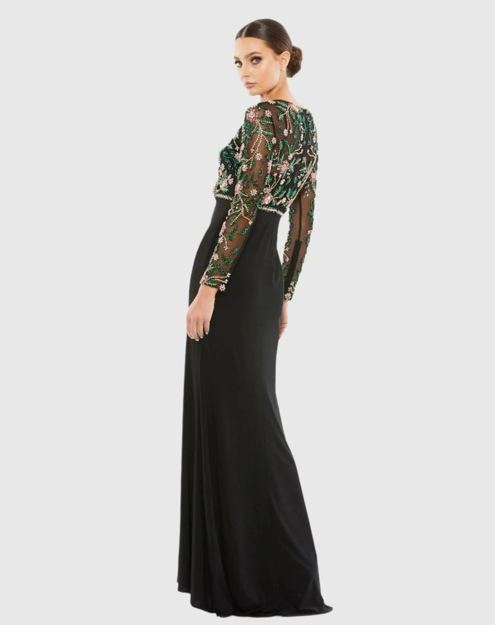 Mac Duggal 67870 Black Beaded Illusion High Neck Trumpet Gown
