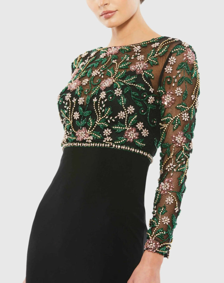 Mac Duggal 67870 Black Beaded Illusion High Neck Trumpet Gown
