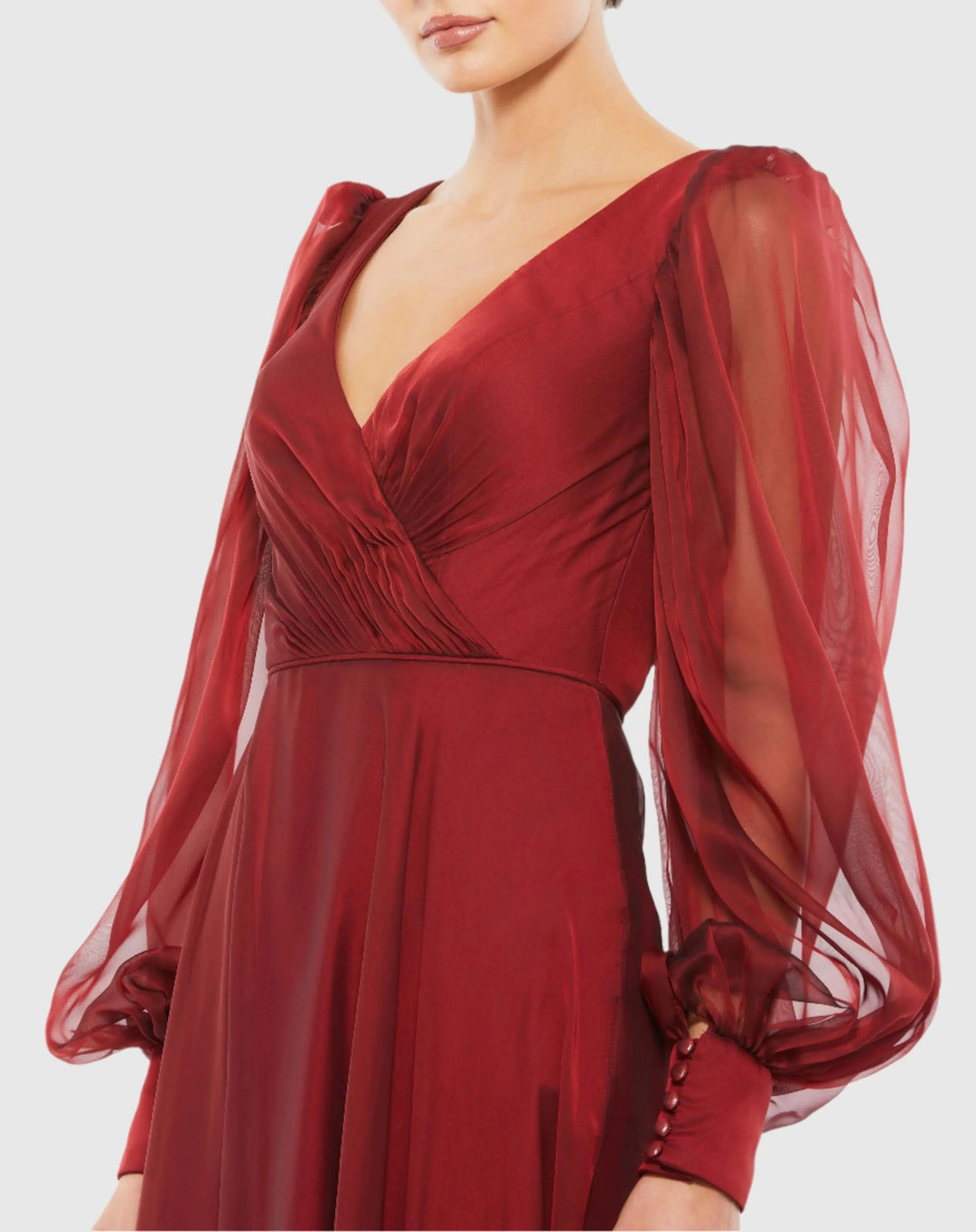 Mac Duggal 67873 Sheer Blouson Sleeve Surplice Gown