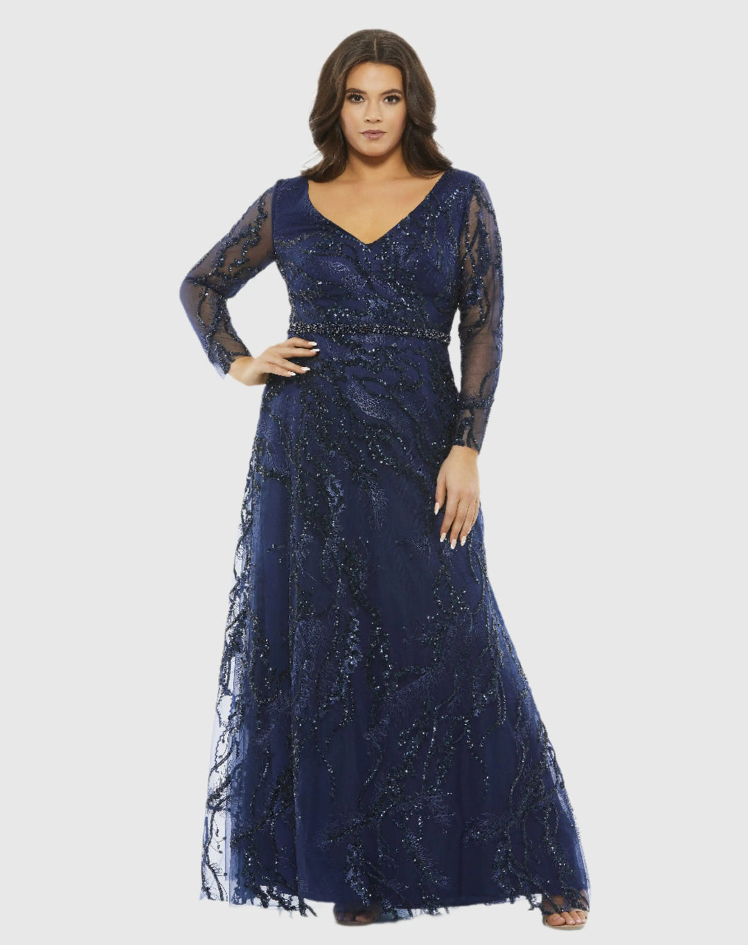 Mac Duggal 67922 Embellished Illusion Long Sleeve V-Neck A-Line Gown (Plus)