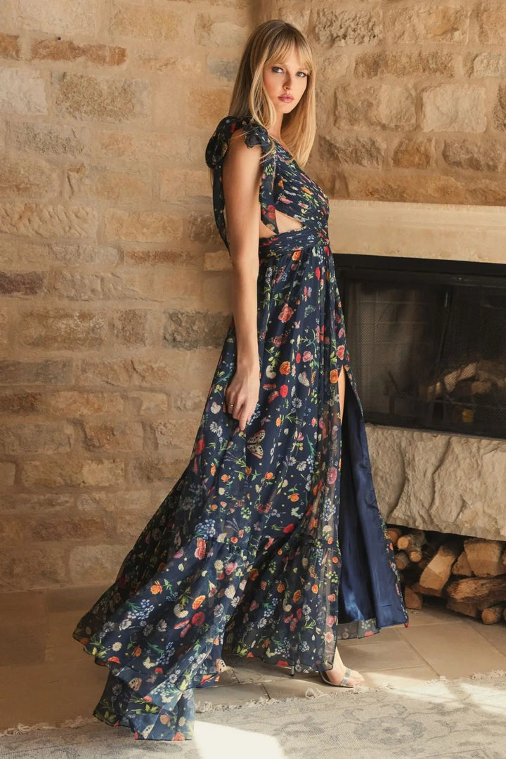Navy Tied One Shoulder Cut-Out Flowy Gown - FOSTANI.com
