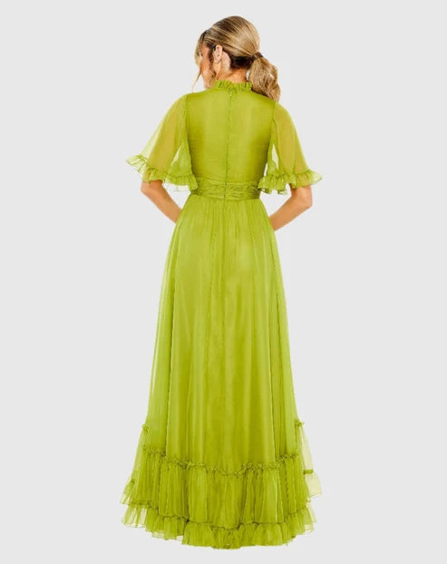 Mac Duggal 68229 Ruffled Mock Neck Flutter Sleeve High Low Hem Gown