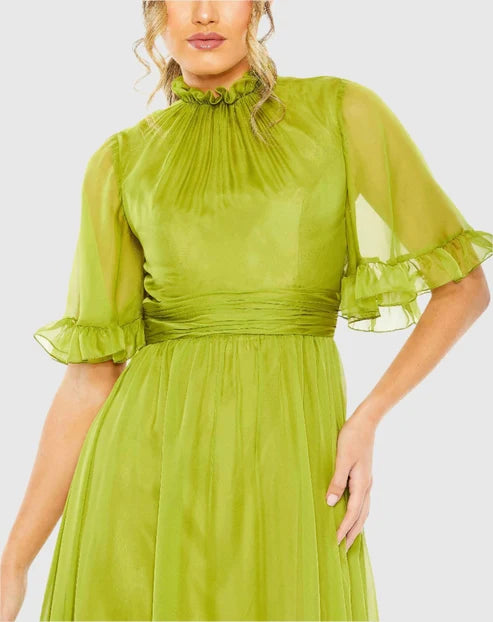 Mac Duggal 68229 Ruffled Mock Neck Flutter Sleeve High Low Hem Gown