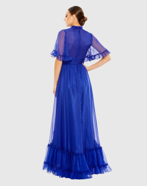 Mac Duggal 68229 Ruffled Mock Neck Flutter Sleeve High Low Hem Gown