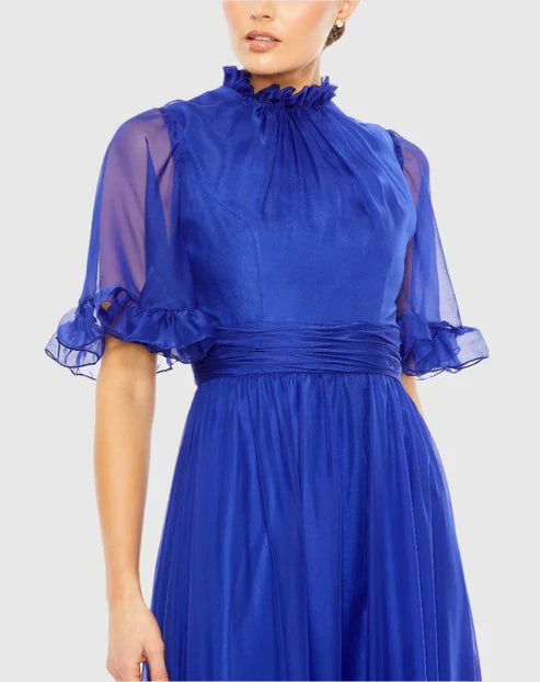 Mac Duggal 68229 Ruffled Mock Neck Flutter Sleeve High Low Hem Gown