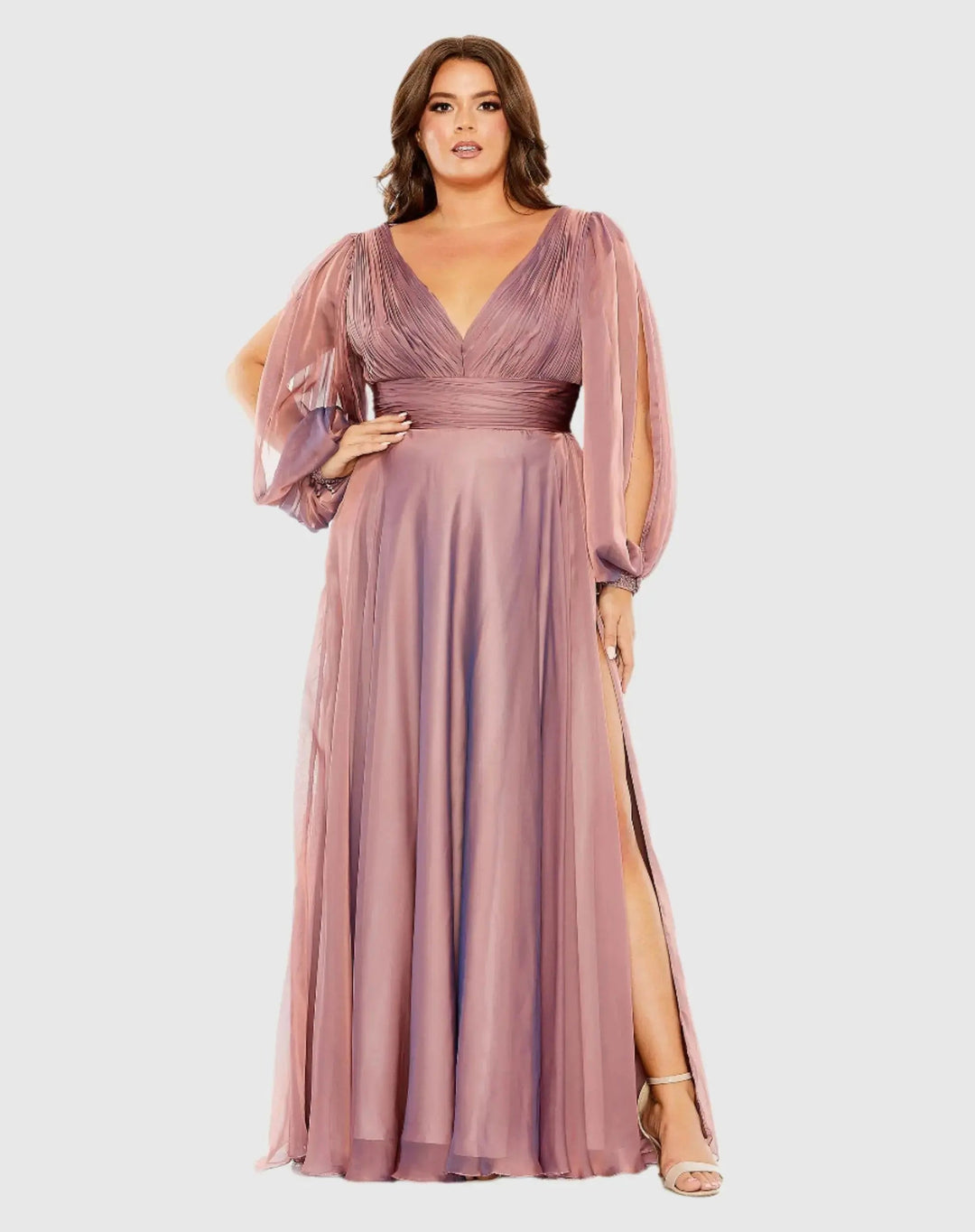 Mac Duggal 68431 Puff Sleeve w/ Embellished Cuff V Neck A Line Gown