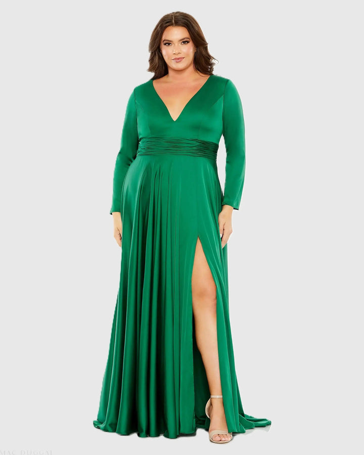 Mac Duggal 68436 Long Sleeve V Neck A Line Gown (Plus)