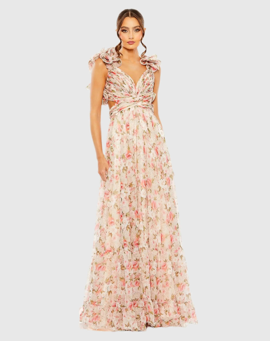 Mac Duggal 68519 Ruffle Tiered Cut-Out Chiffon Floral Gown