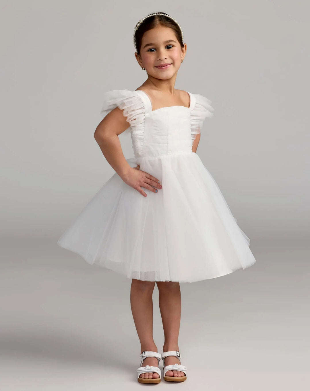 Mac Duggal 68661 Girls White Ruffle Shoulder Tulle Dress
