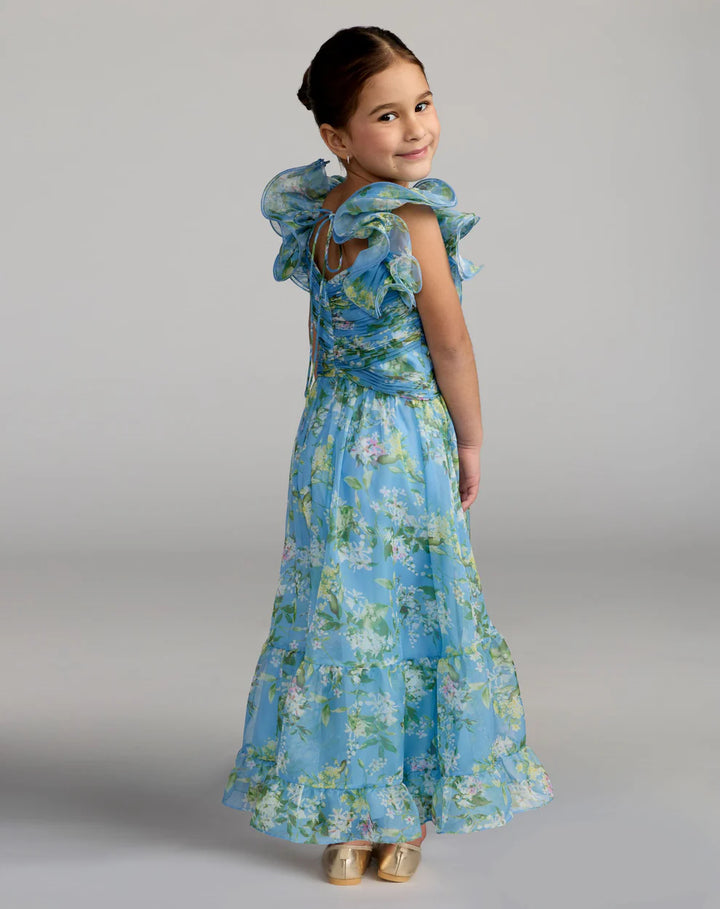 Mac Duggal 68669 Girls Pink Floral Chiffon Ruffle Shoulder Dress