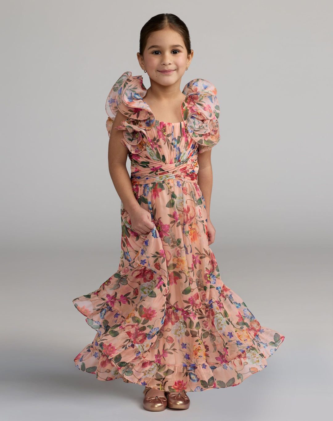 Mac Duggal 68669 Girls Pink Floral Chiffon Ruffle Shoulder Dress