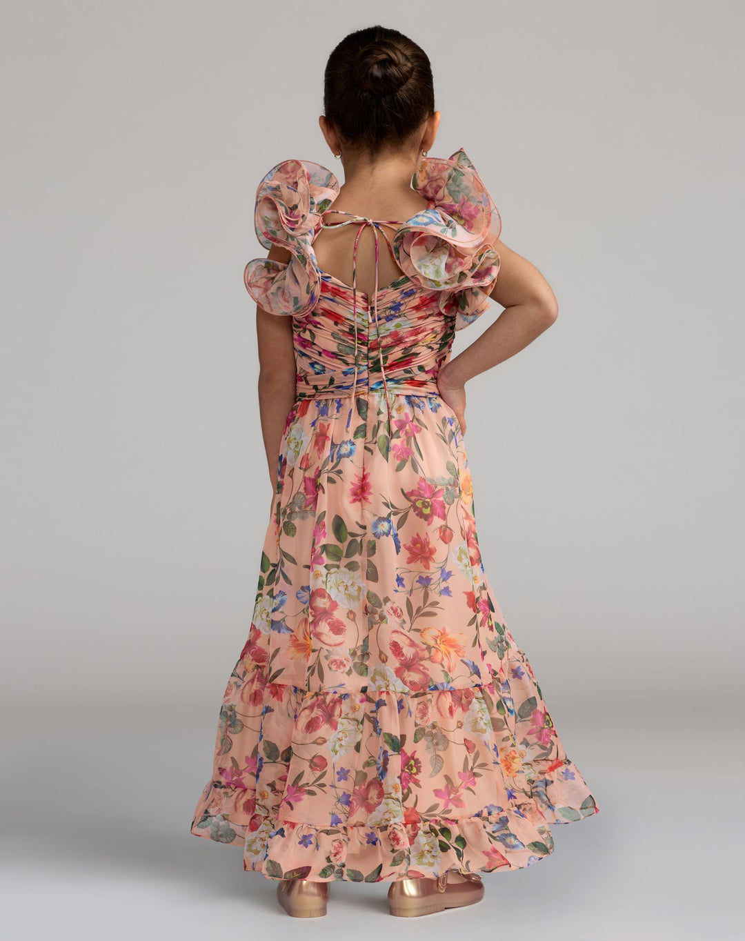 Mac Duggal 68669 Girls Pink Floral Chiffon Ruffle Shoulder Dress