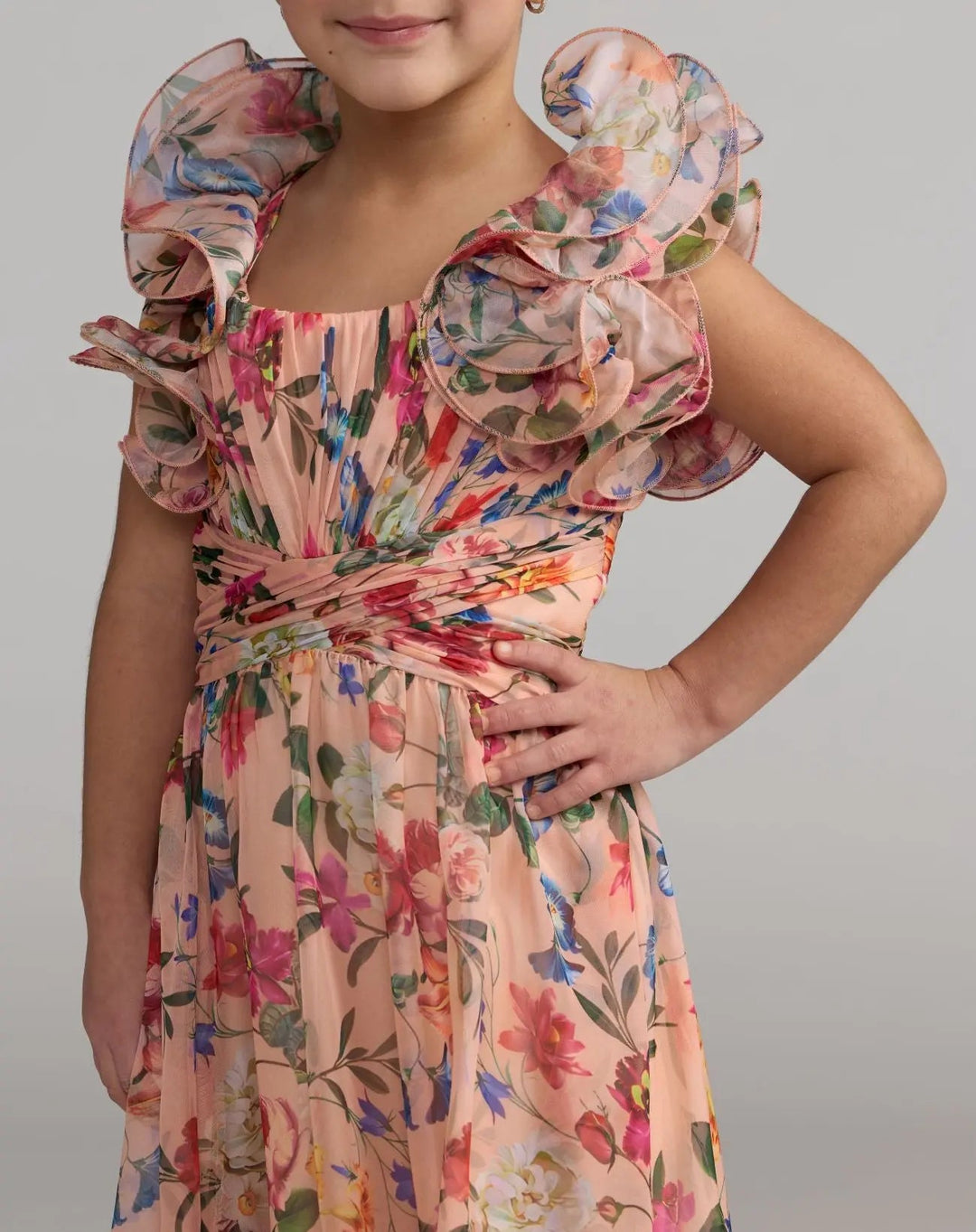 Mac Duggal 68669 Girls Pink Floral Chiffon Ruffle Shoulder Dress