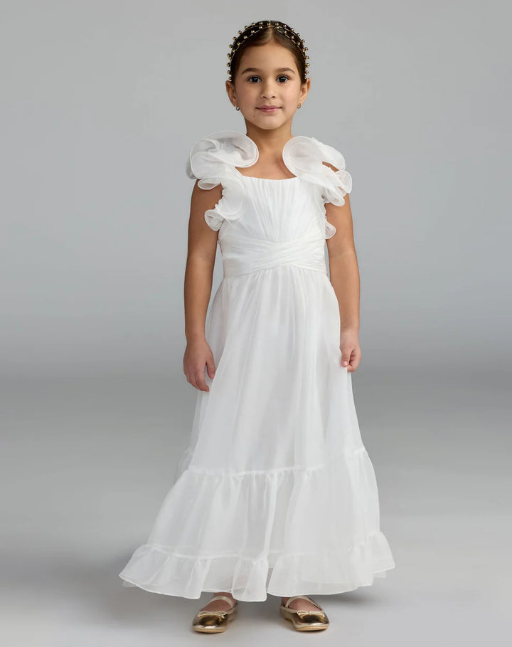 Mac Duggal 68669 Girls Pink Floral Chiffon Ruffle Shoulder Dress