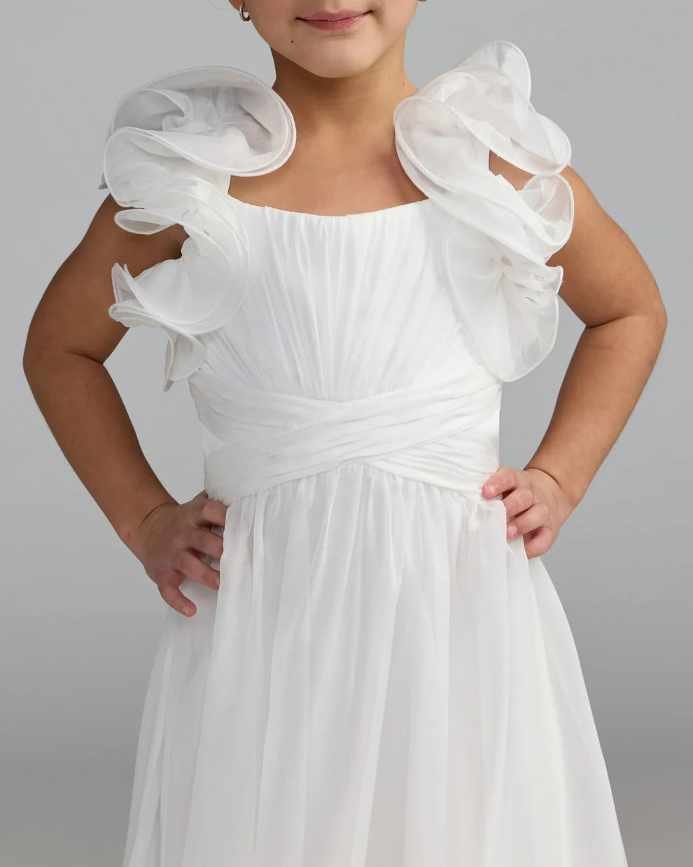Mac Duggal 68669 Girls Pink Floral Chiffon Ruffle Shoulder Dress