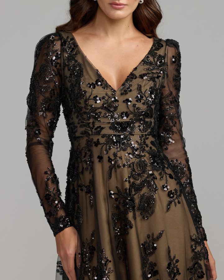 Mac Duggal 68908 Embroidered Long Sleeve V Neck Gown