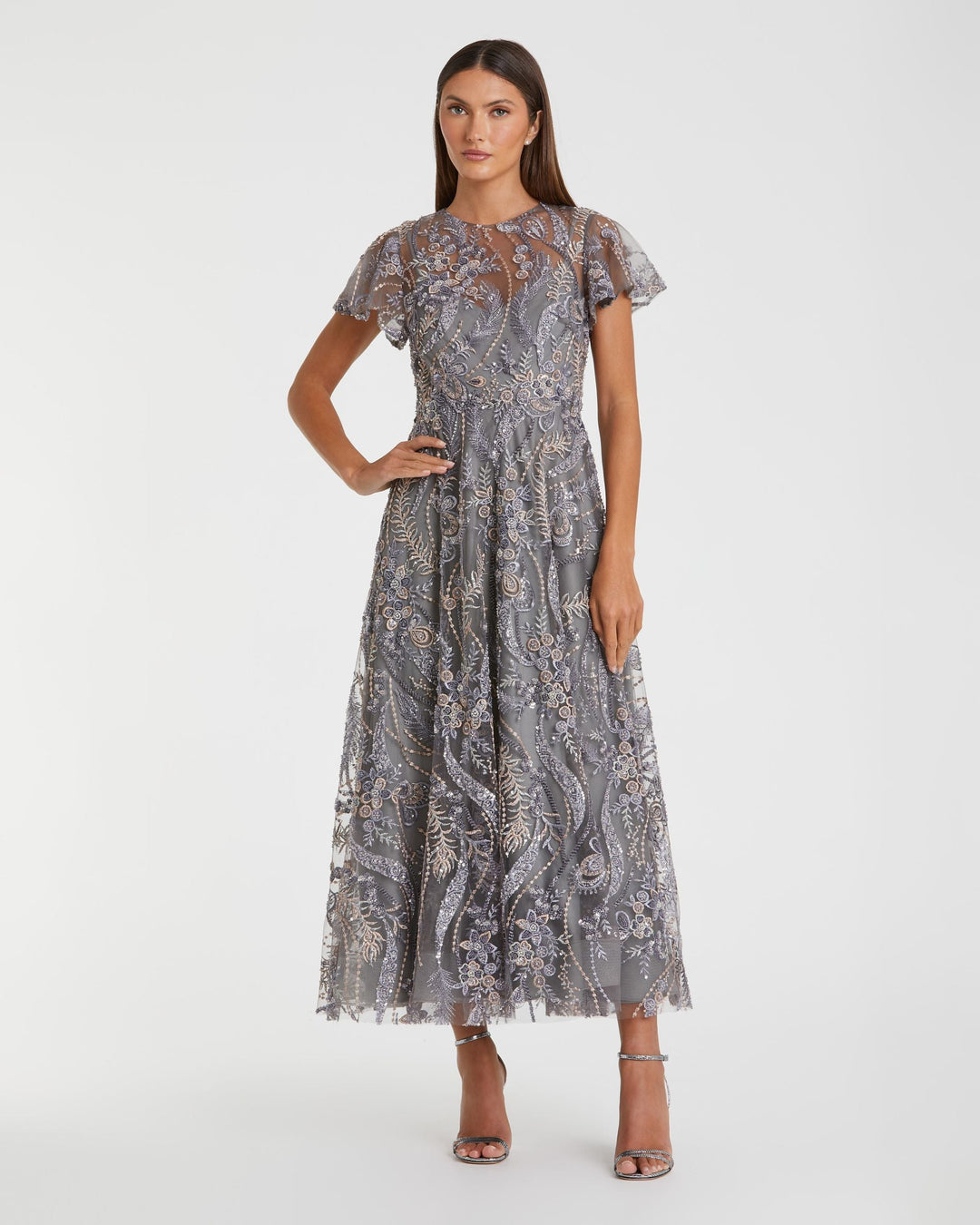 Mac Duggal 68909 Embroidered Flutter Sleeve Midi Dress