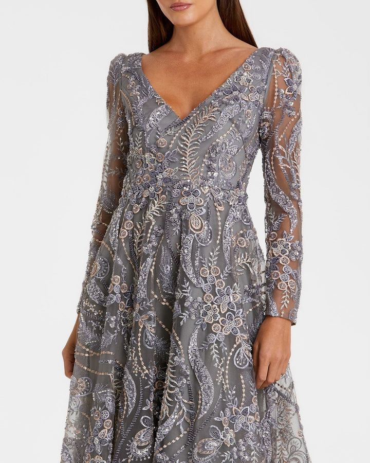 Mac Duggal 68913 Gray Embroidered Long Sleeve Midi Dress