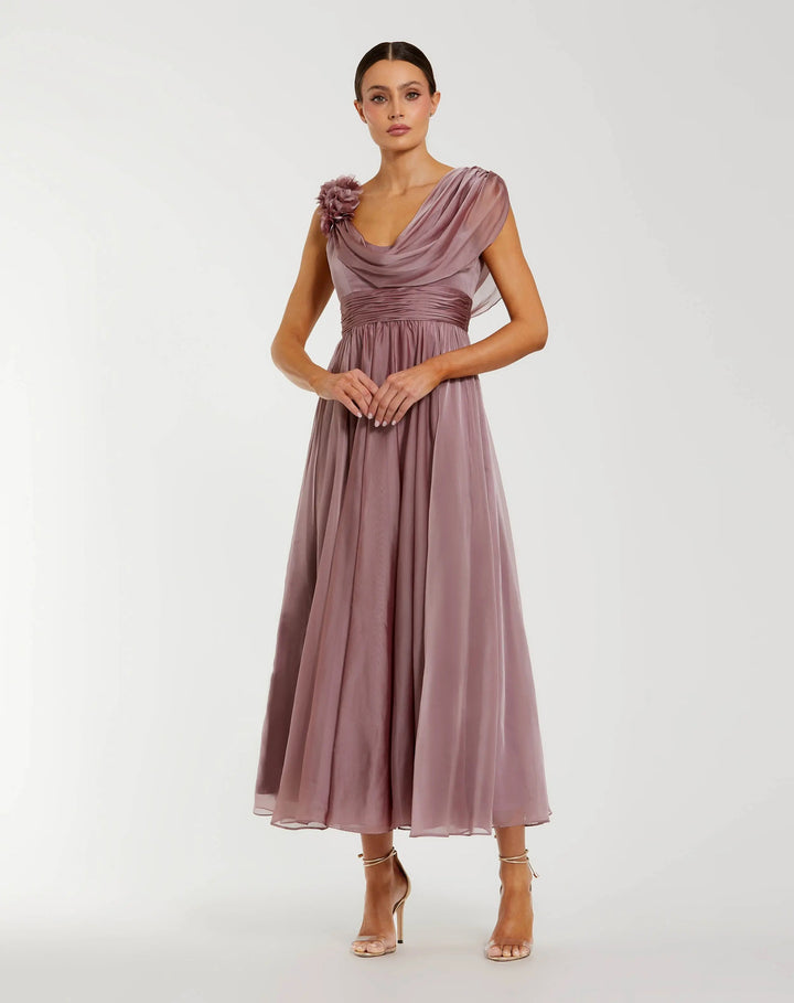 Mac Duggal 68967 Pink Chiffon Cowl Neck Dress With 3D Flowers