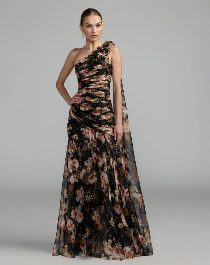Mac Duggal 68993 One Shoulder Floral Printed Chiffon Gown