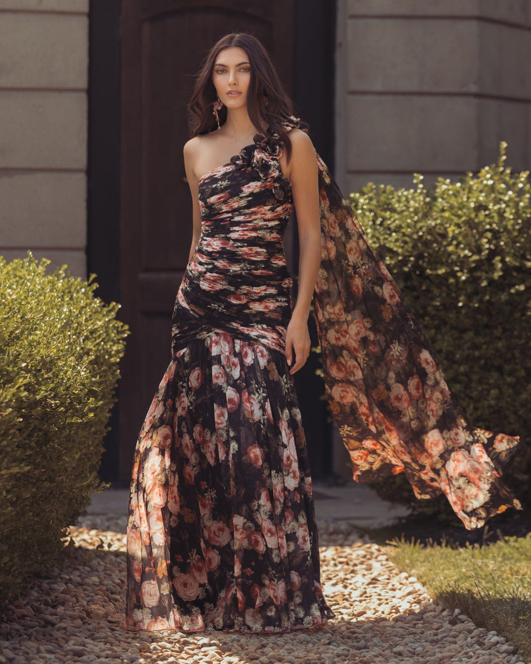 Mac Duggal 68993 One Shoulder Floral Printed Chiffon Gown