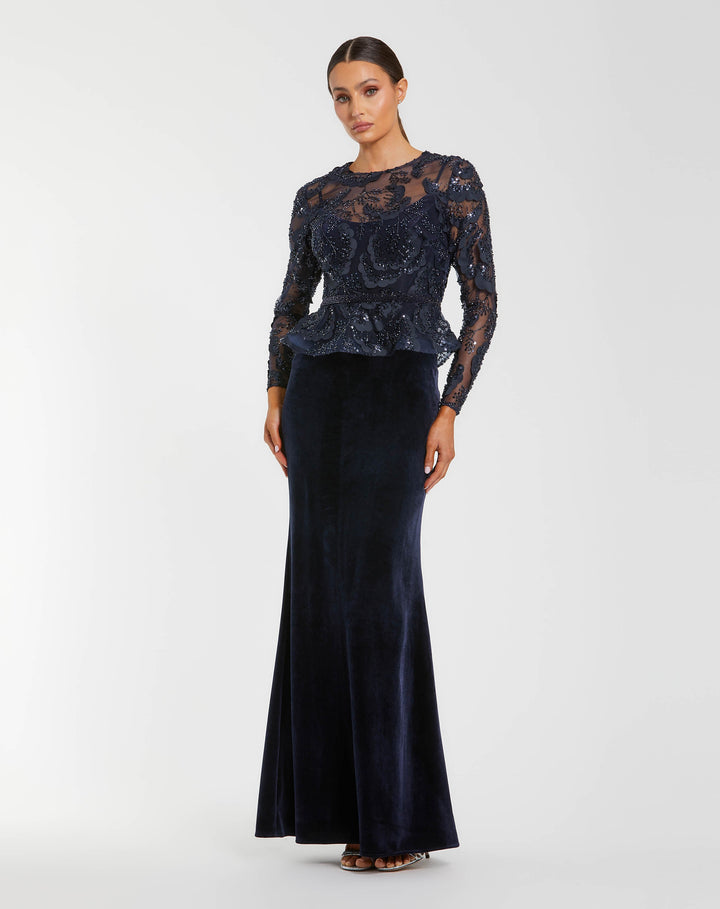 Mac Duggal 69017 Embellished Peplum Gown With Velvet Skirt