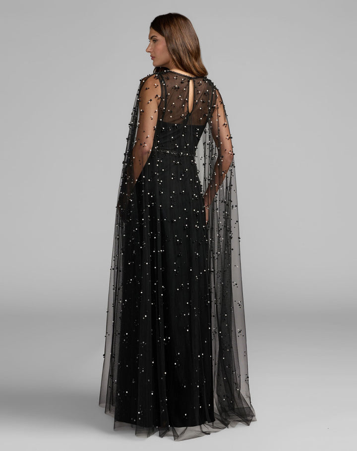 Mac Duggal 69025 Pearl Embellished Tulle A-Line Gown With Cape