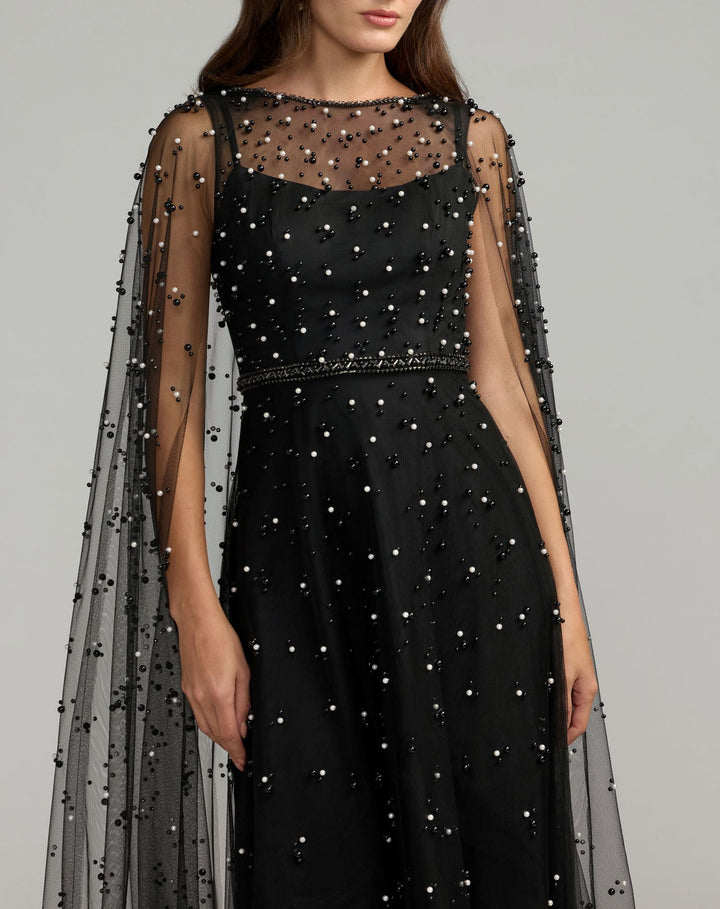 Mac Duggal 69025 Pearl Embellished Tulle A-Line Gown With Cape