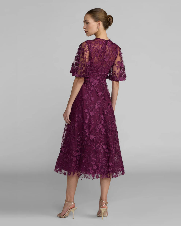 Mac Duggal 69036 Flutter Sleeve Embroidered Midi Dress