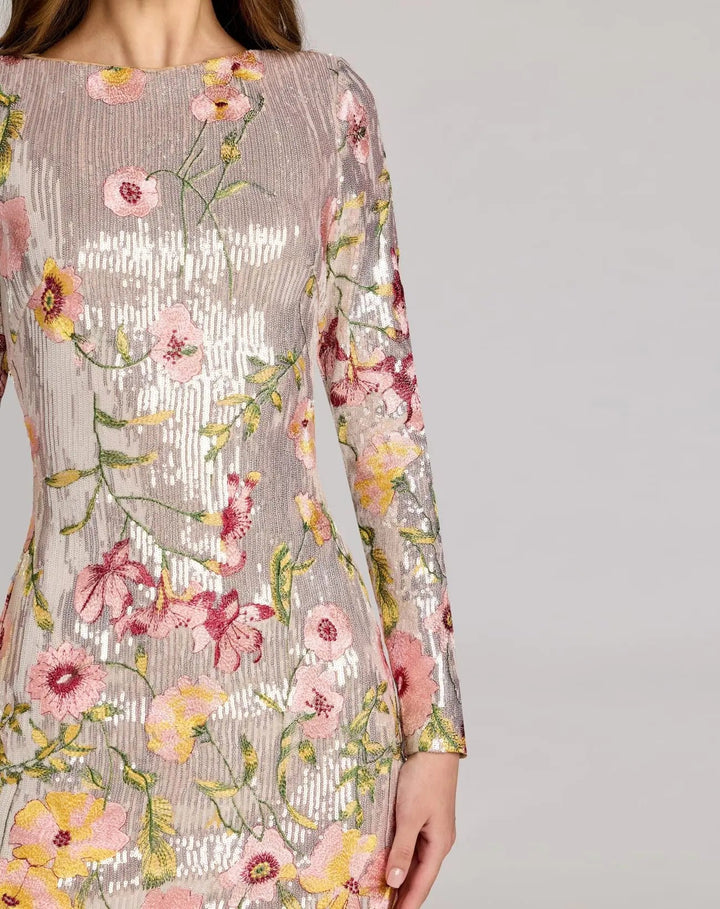 Silver Long Sleeve Floral Embroidered Sequin Mini Dress - FOSTANI.com